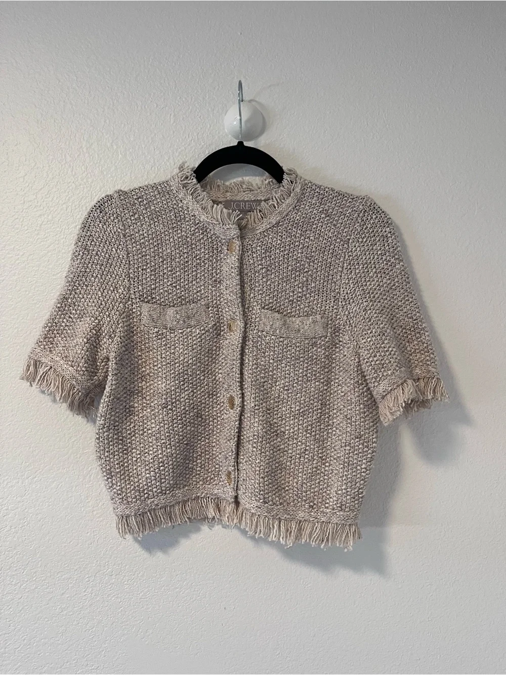 J. Crew Beige Fringe Short-Sleeve Knit Cardigan
